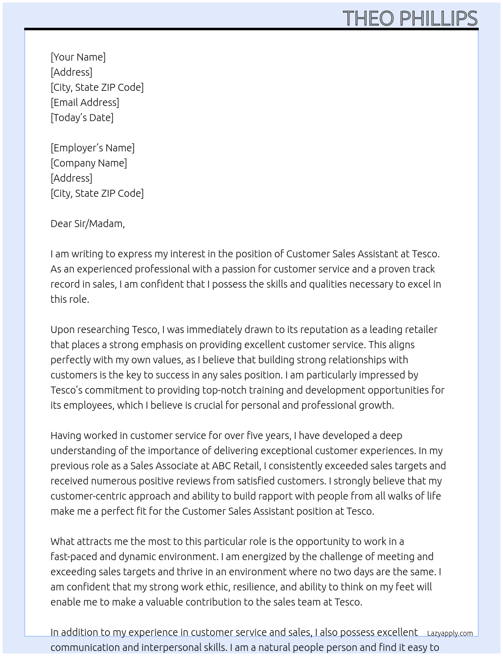 customer sales assistant  At Tesco Cover Letter