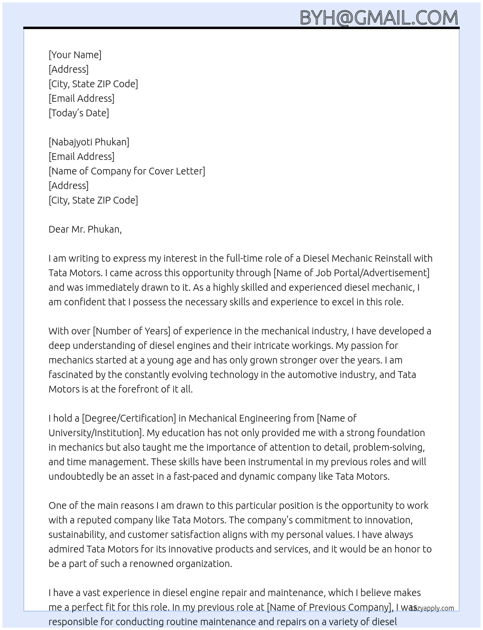 tata motors At mecanical Cover Letter