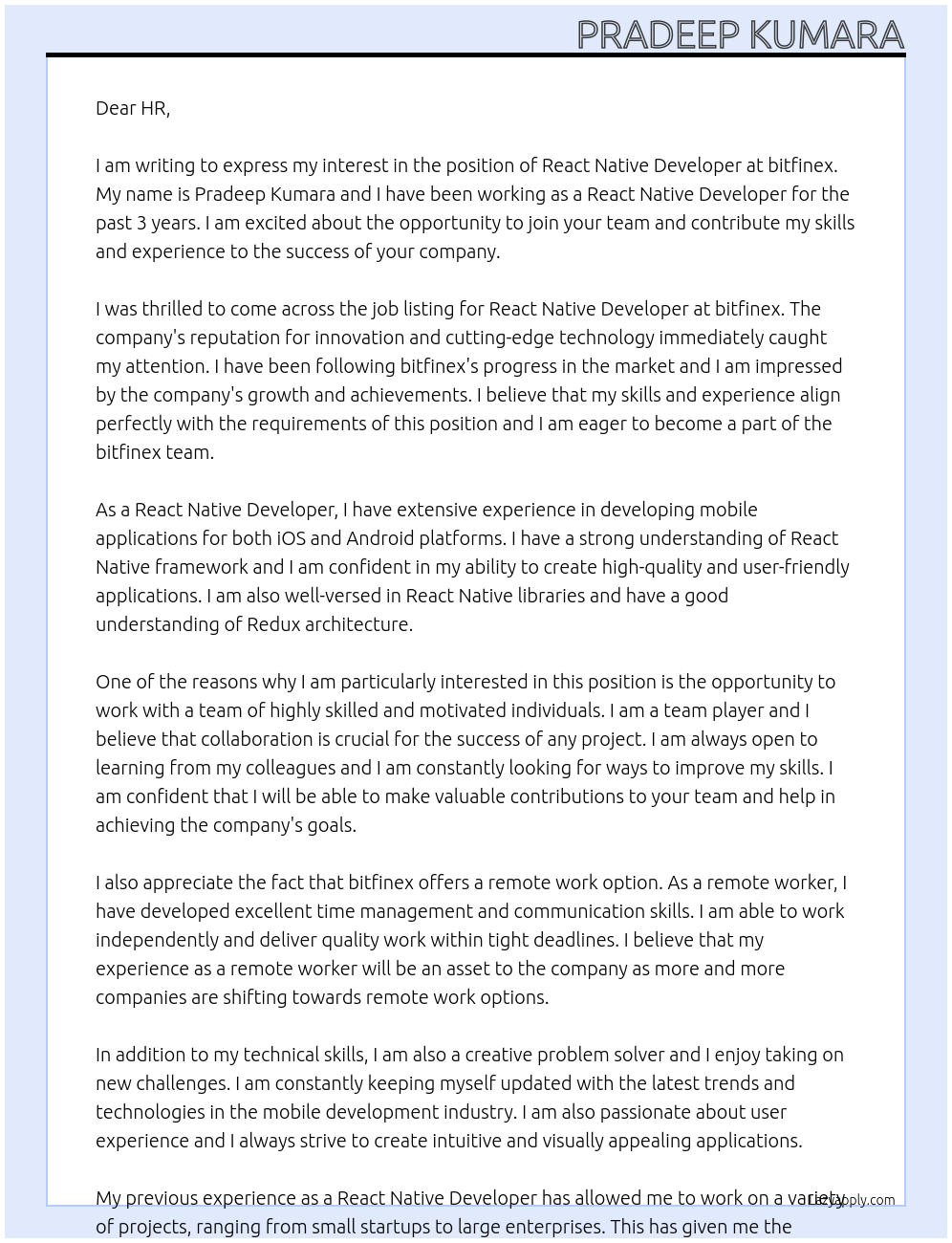 React Native Developer At bitfinex Cover Letter