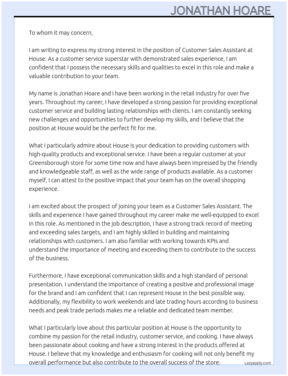 Customer Sales Assistant  At House Cover Letter