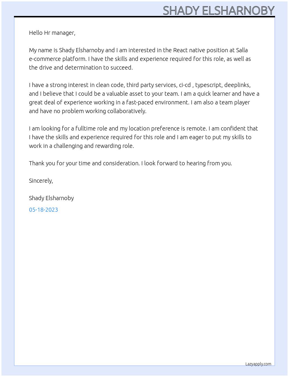 React native  At Salla e-commerce platform  Cover Letter