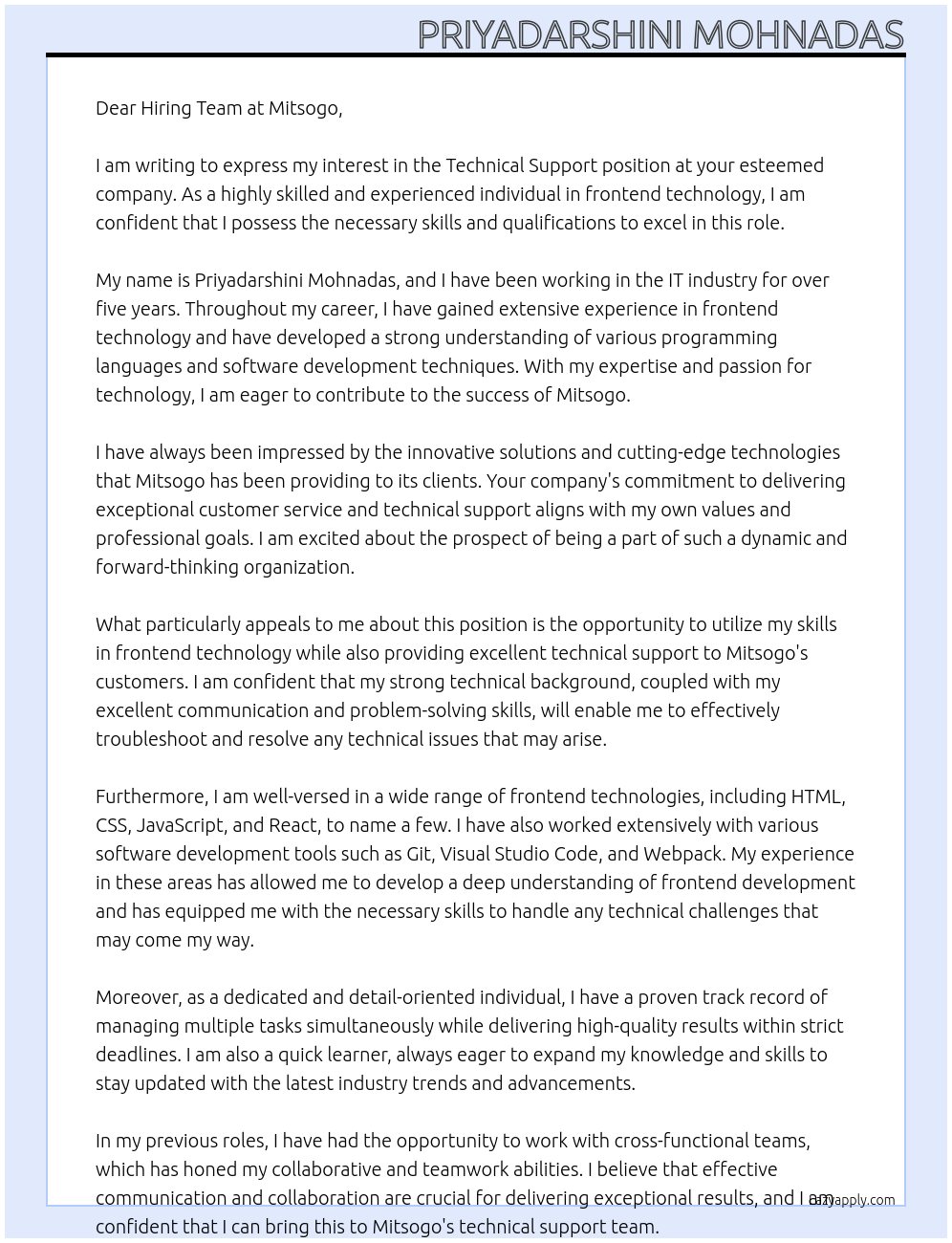 technical support At Mitsogo Cover Letter