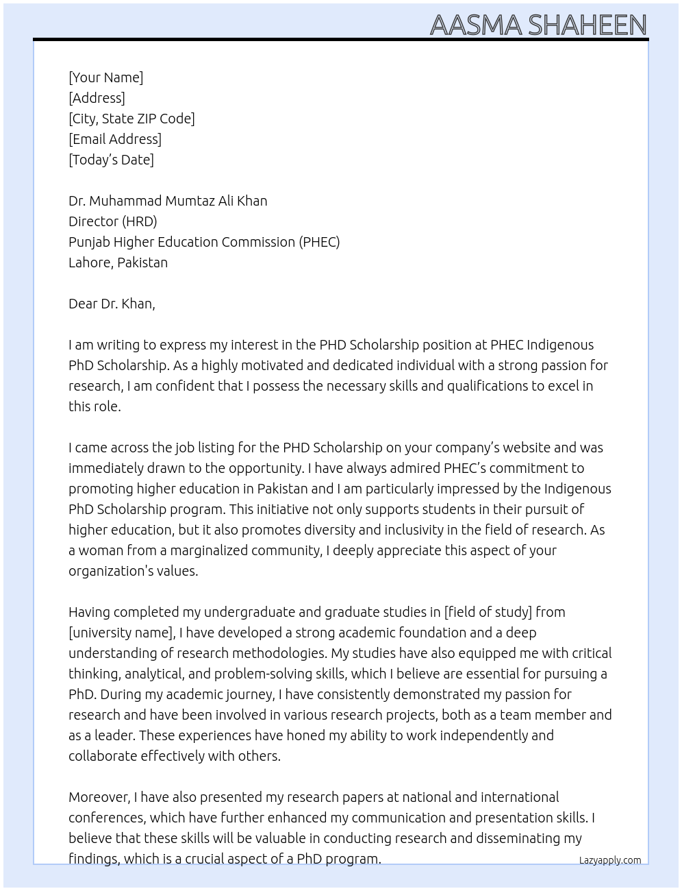 PHD Scholarship At PHEC INDIGENOUS PHD SCHOLARSHIP Cover Letter