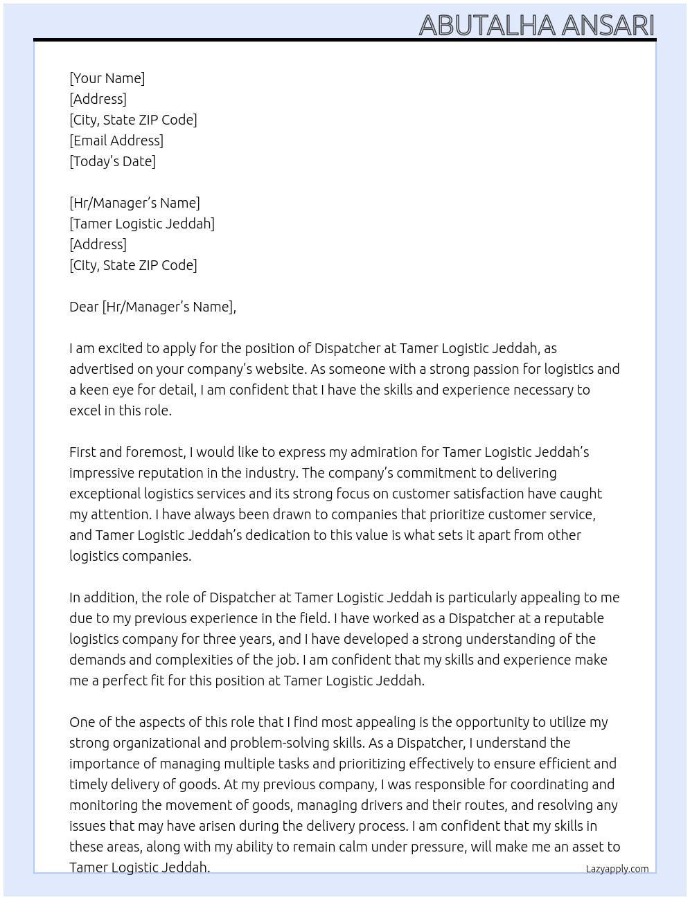 Dispatcher At Tamer Logistic Jeddah Cover Letter