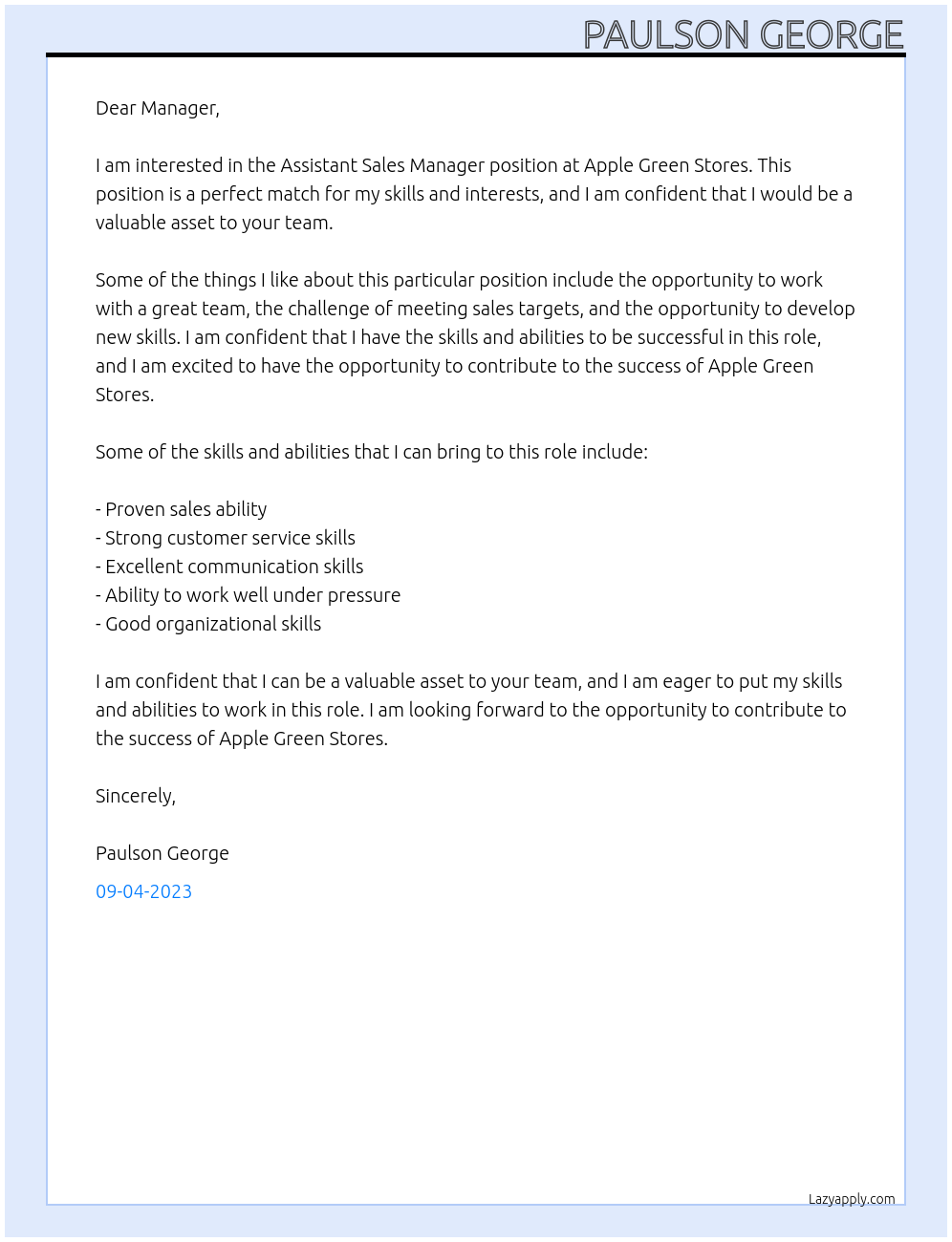 Assistant Sales Manager At Apple Green Stores Cover Letter