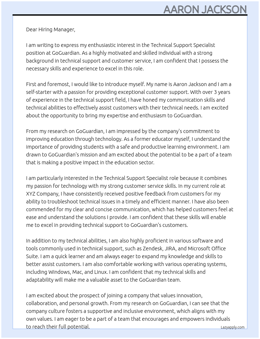 Technical Support Specialist At GoGuardian Cover Letter