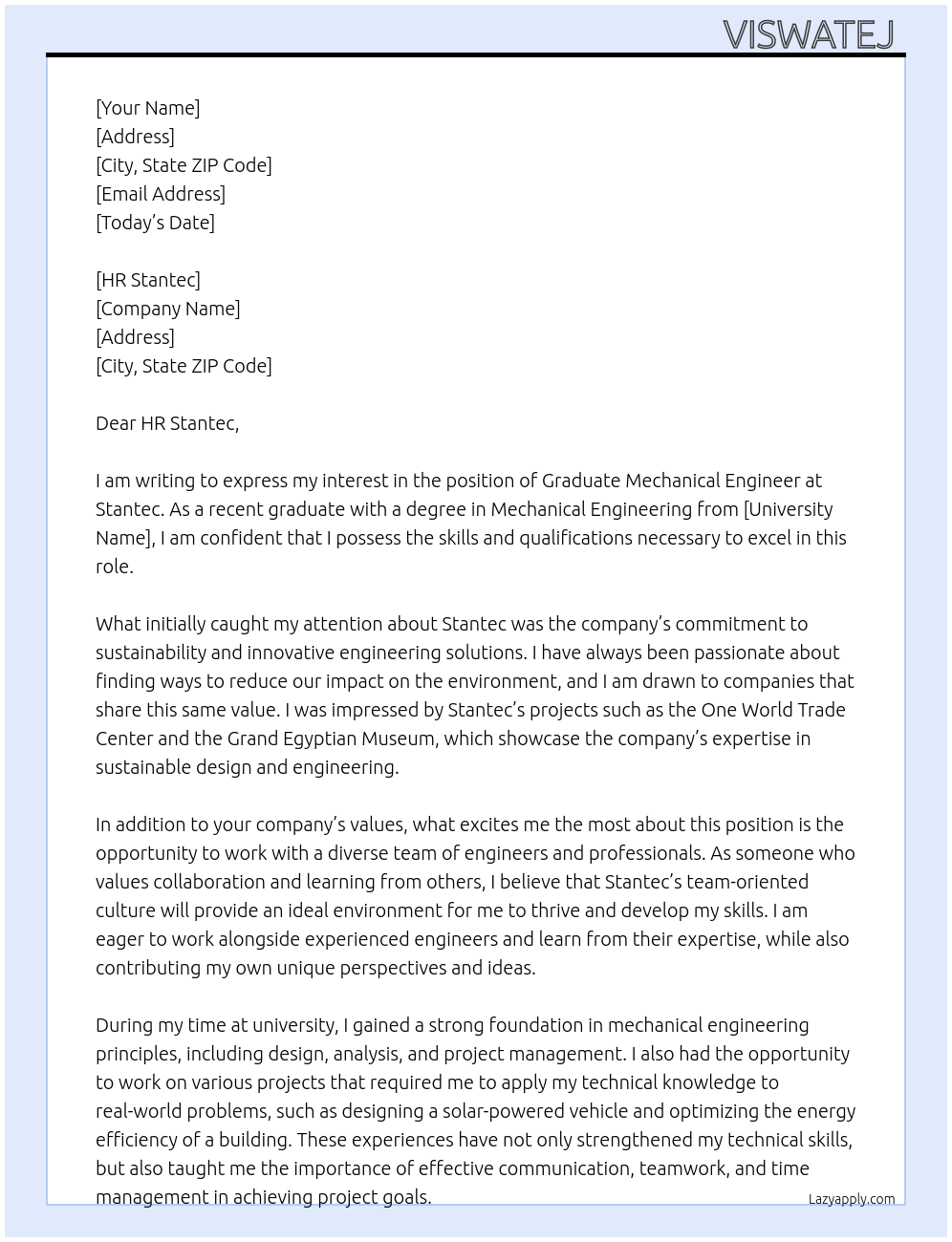 Graduate Mechanical Engineer At Stantec Cover Letter