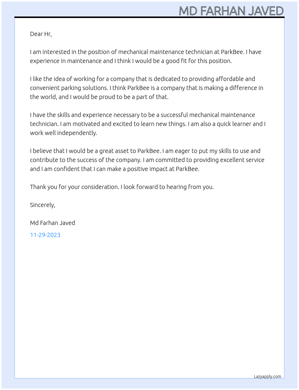 Mechanical maintenance Technician  At ParkBee Cover Letter