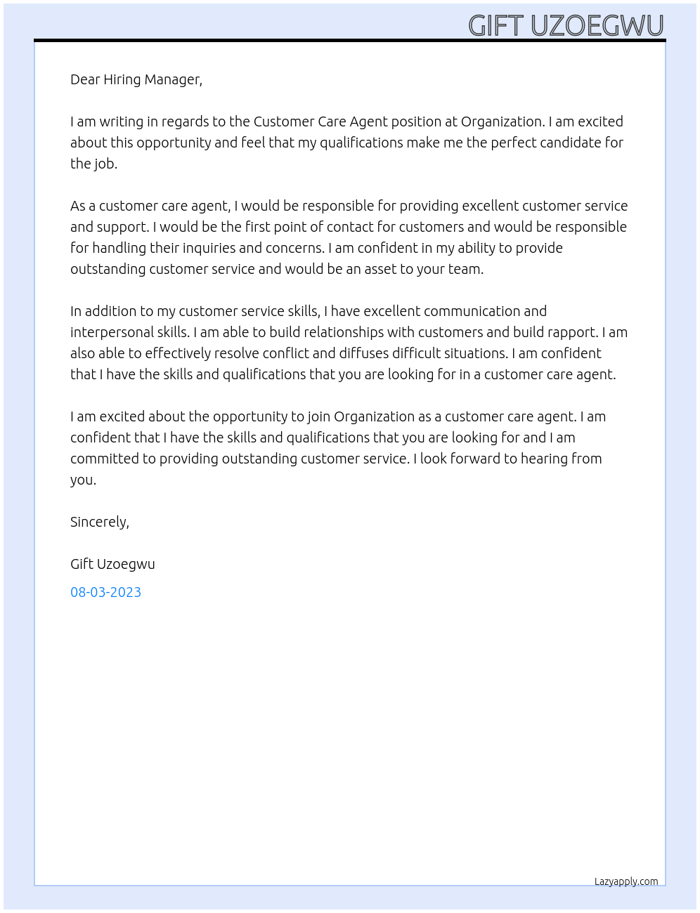 Customer Care Agent At Organization Cover Letter