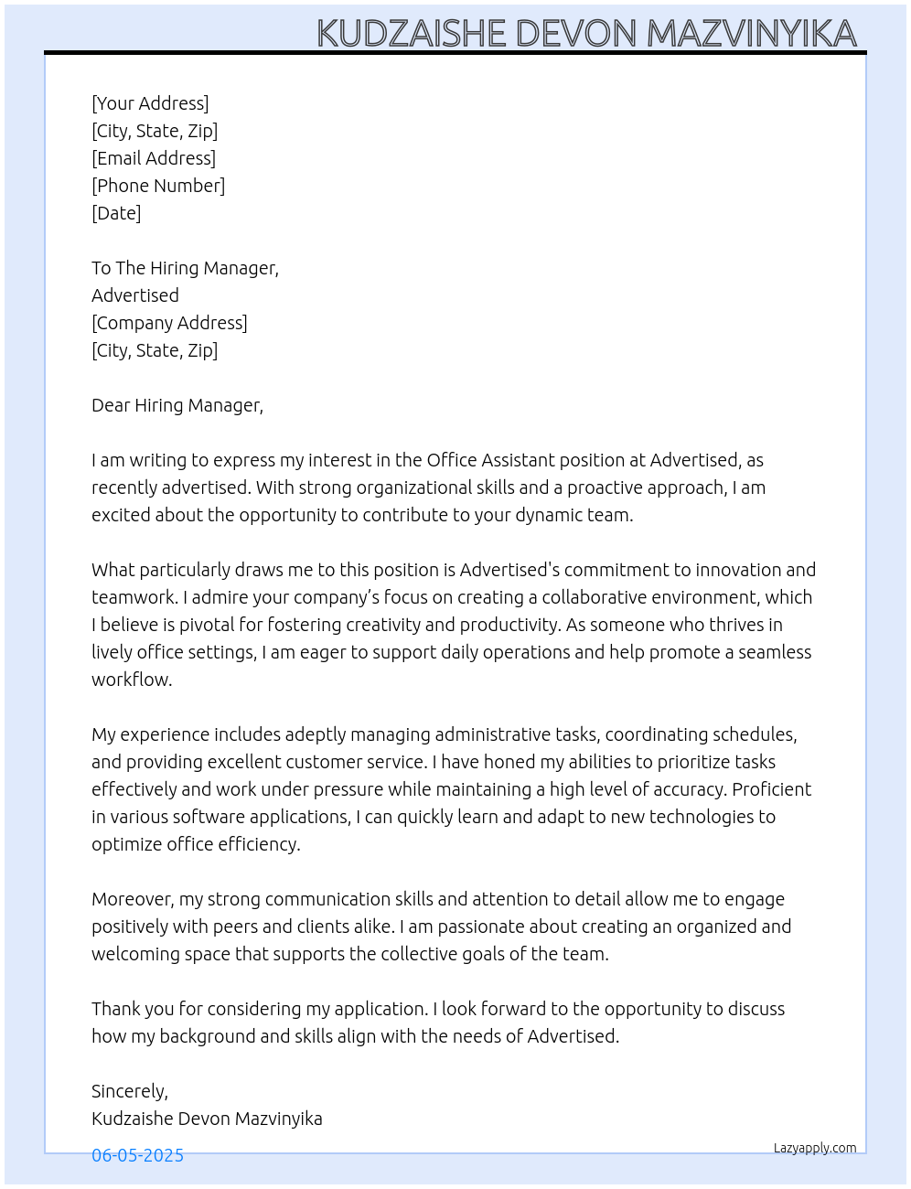 Office Assistant  At Advertised Cover Letter