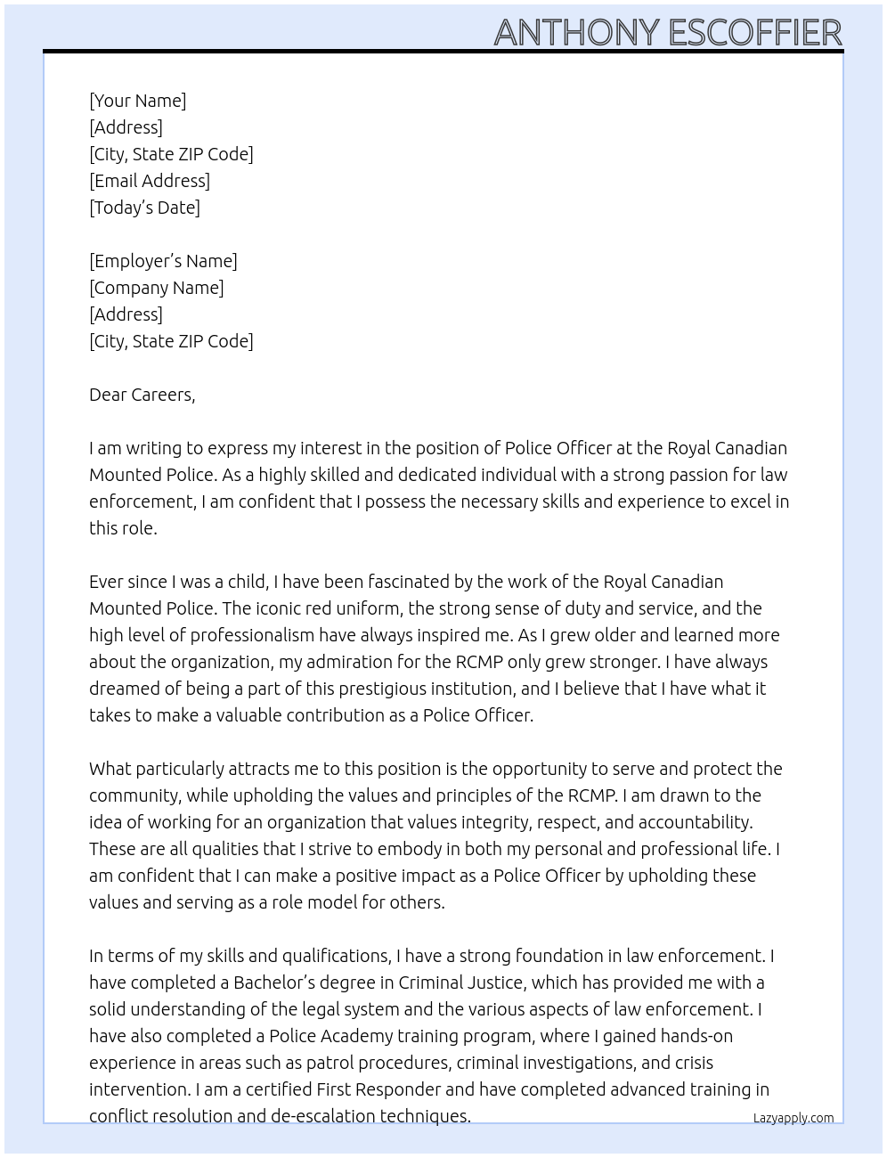 Police Officer At Royal Canadian Mounted Police Cover Letter