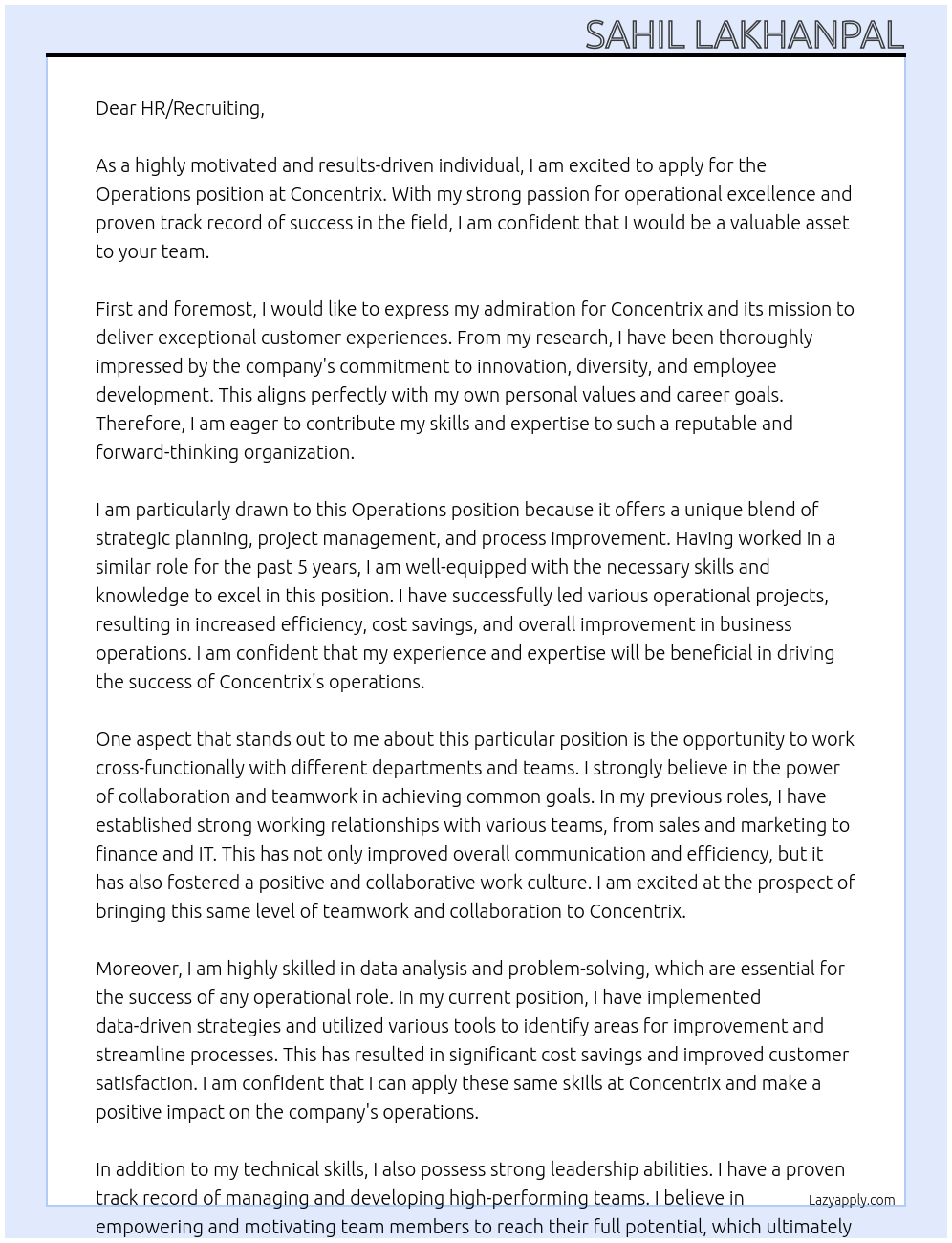 Operations At Concentrix Cover Letter