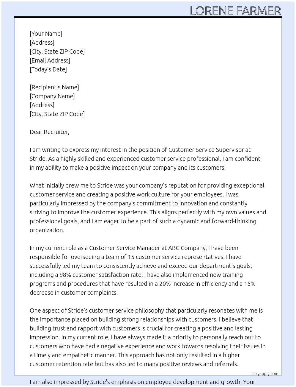 Customer Service Supervisor At Stride Cover Letter