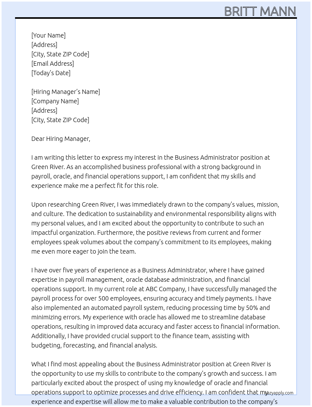 Business administrator At Green River Cover Letter