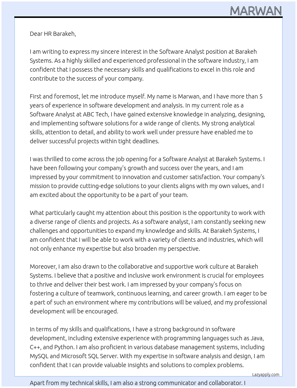 Software analyst At Barakeh Systems Cover Letter