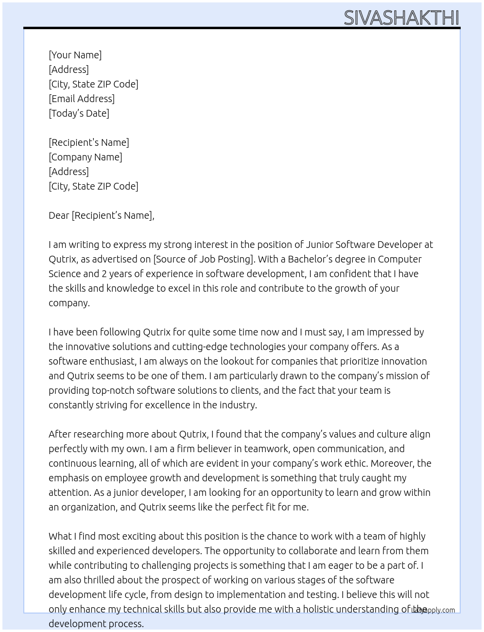 Junior software developer At Qutrix Cover Letter