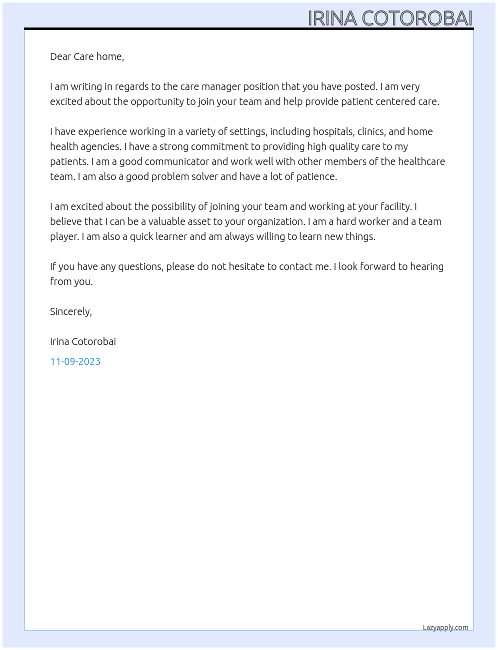 Care manager  At Care home Cover Letter