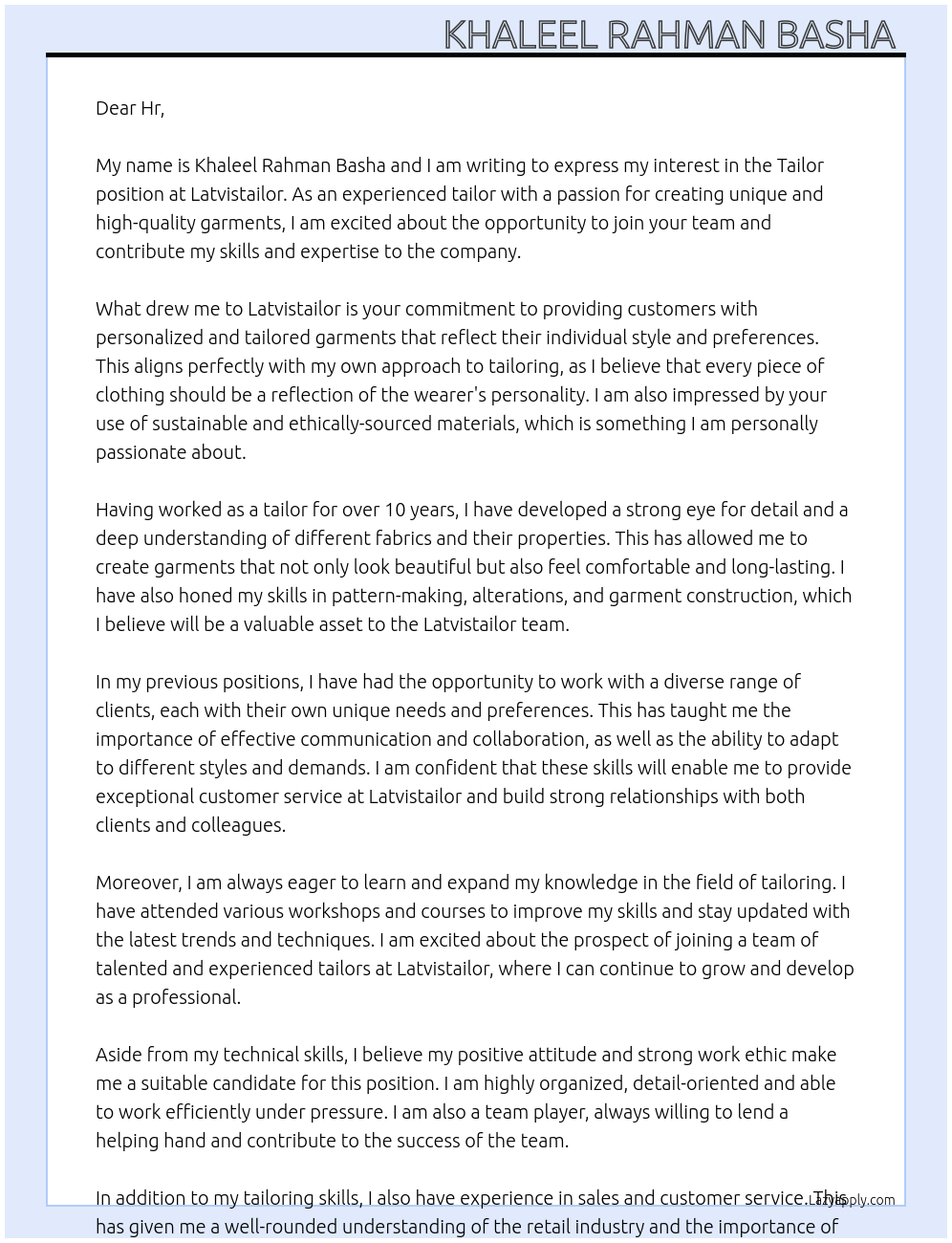 Tailor At Latvistailor Cover Letter