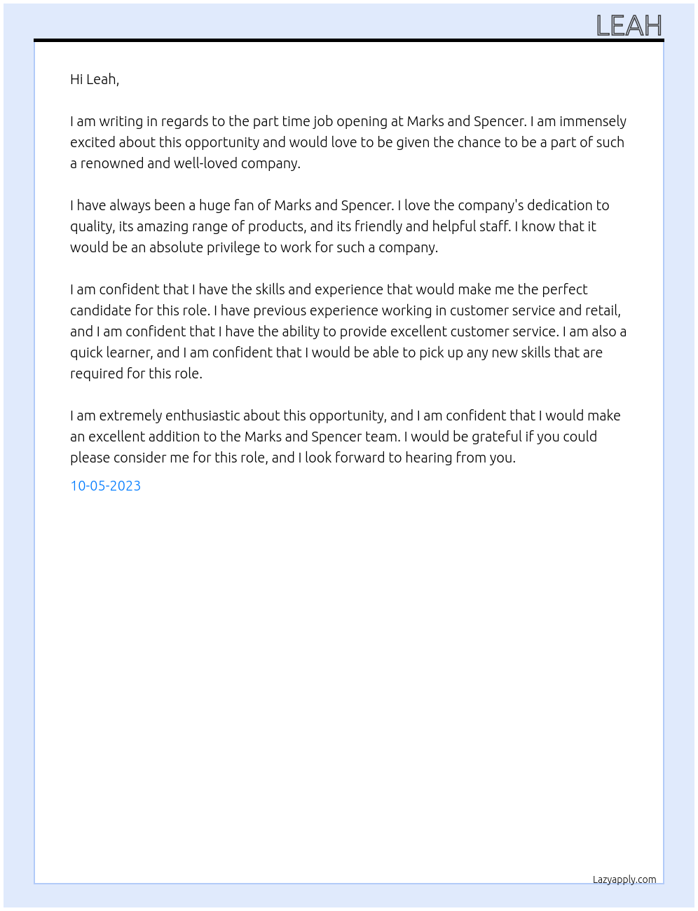 part time job At marks and spencers Cover Letter