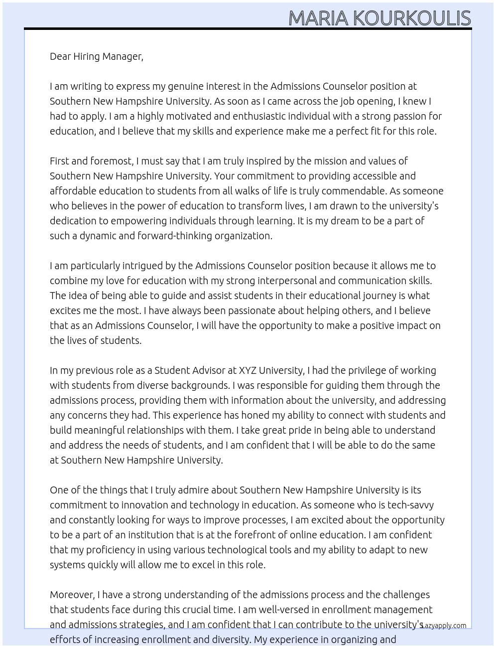 Admissions Counselor At Southern New Hampshire University Cover Letter