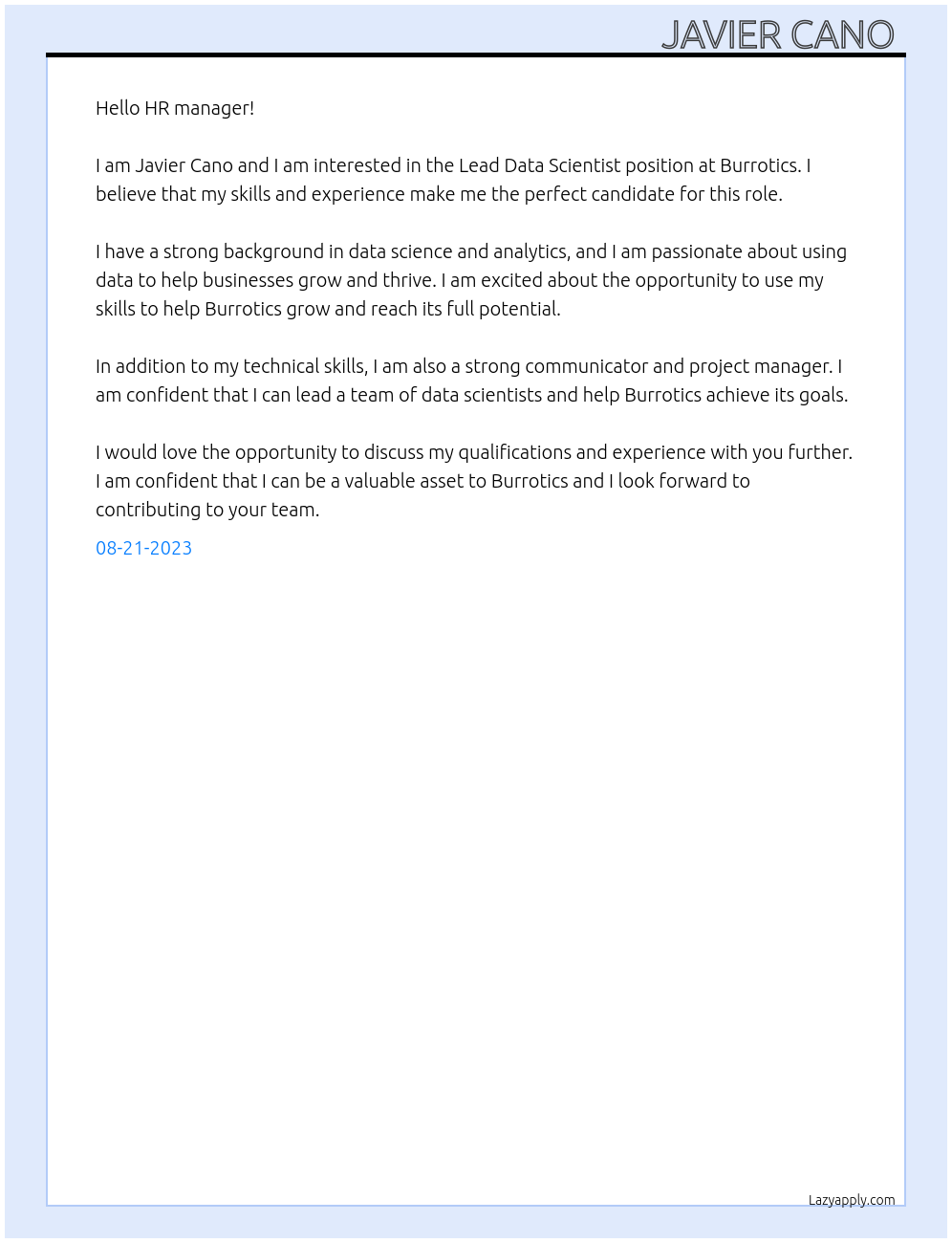 Lead Data Scientist  At Burrotics Cover Letter