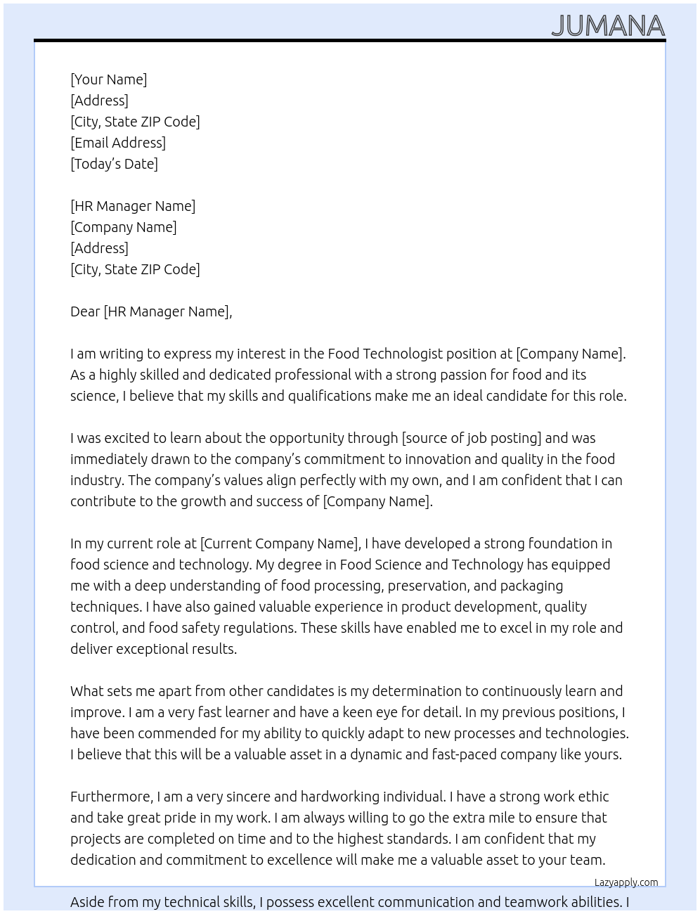 Food technologist  At Your company  Cover Letter