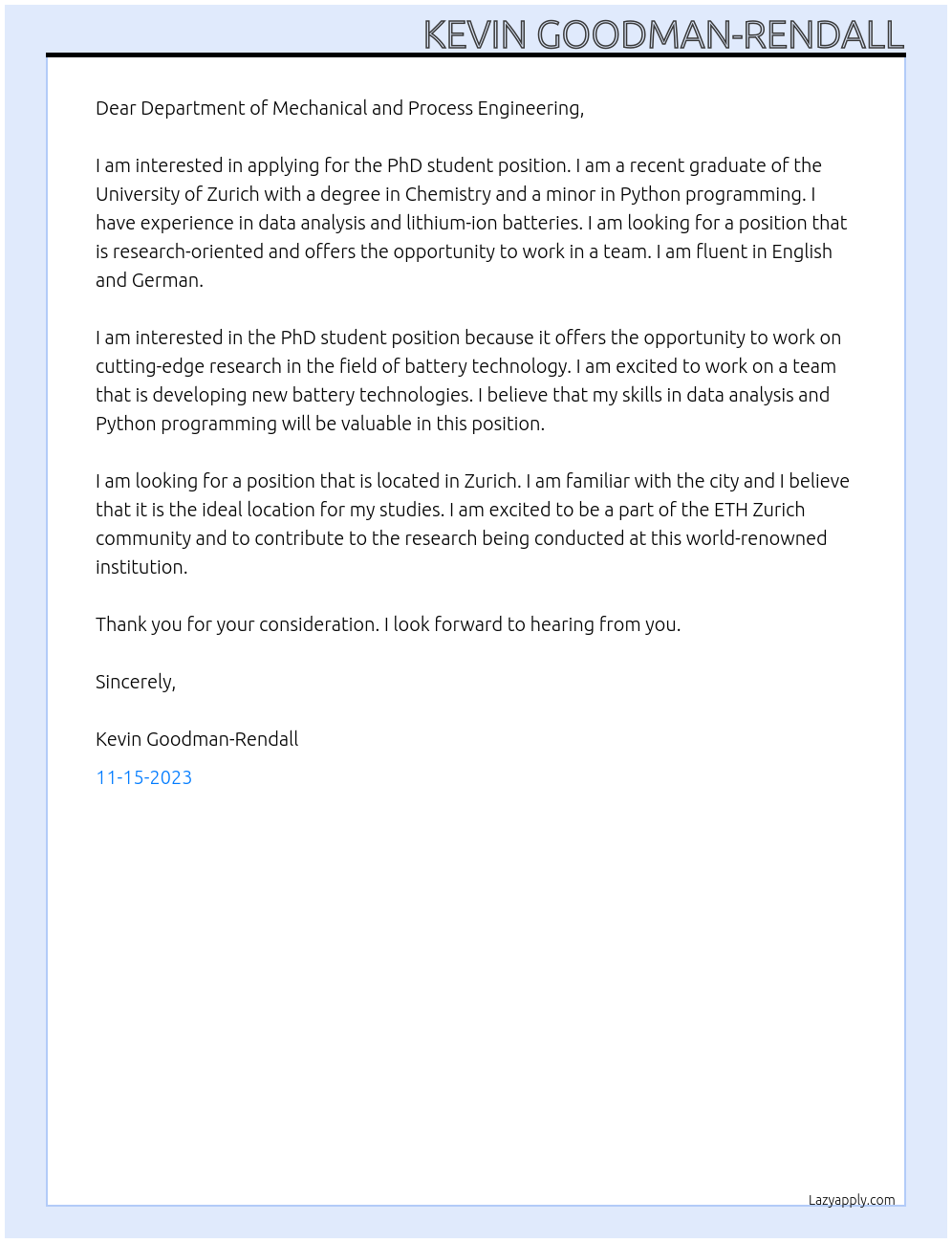 PhD student At ETH Zurich Cover Letter