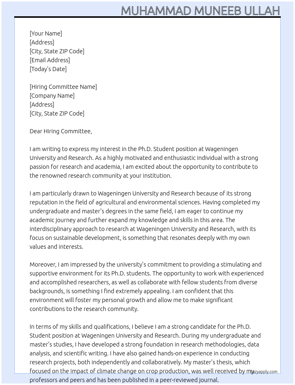 Ph.D. Student At Wageningen University and Research Cover Letter