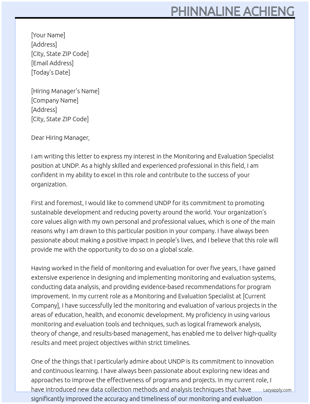 Monitoring and Evaluation Specialist At UNDP Cover Letter