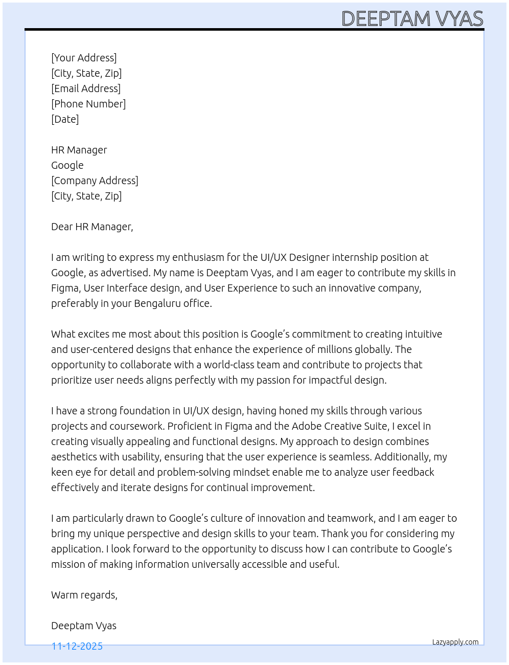 UI/UX Designer At Google Cover Letter
