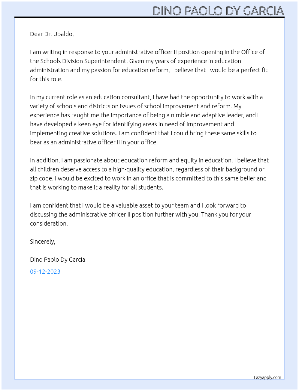 Administrative Officer II At Office of the Schools Division Superintendent Cover Letter