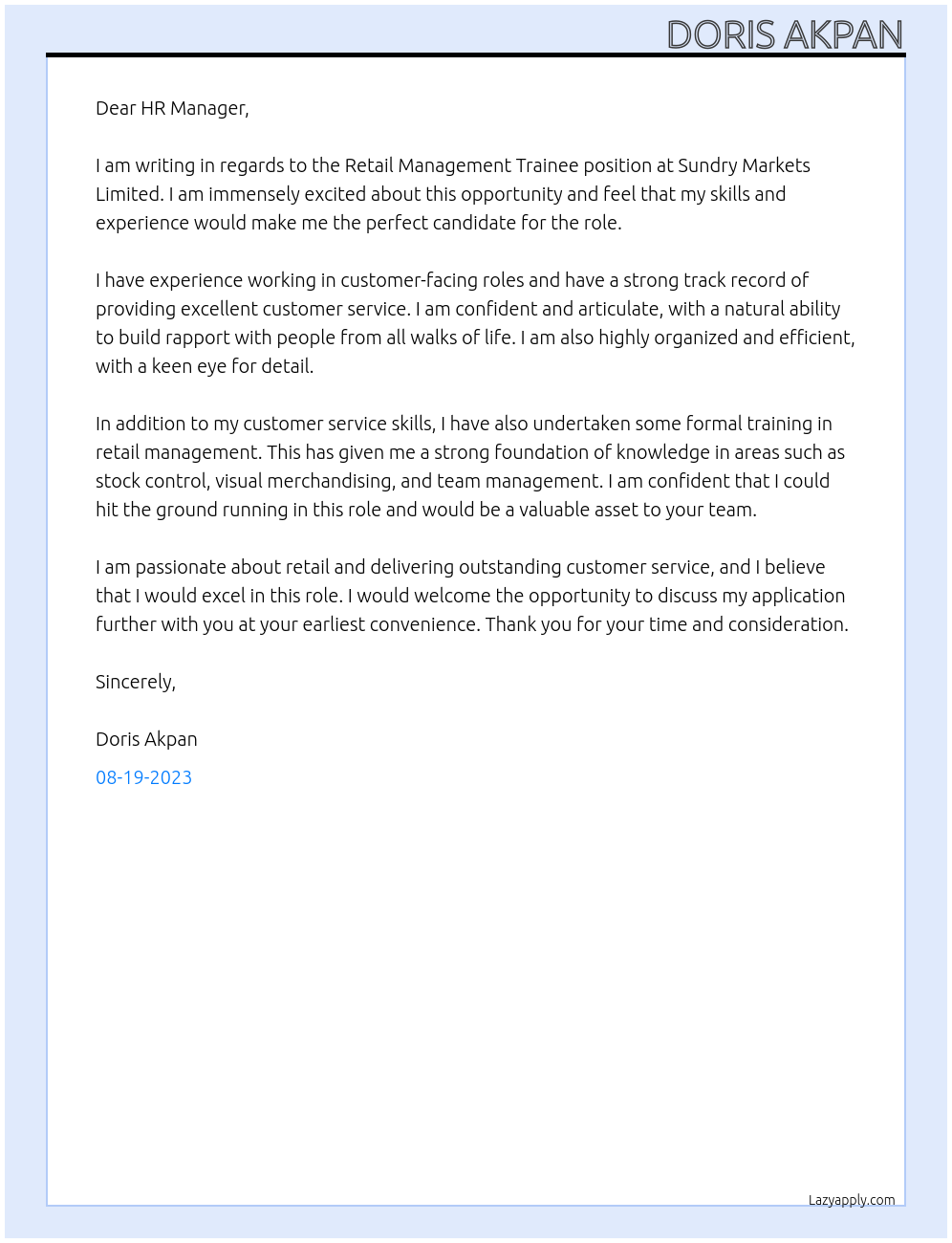 Retail Management Trainee At Sundry Markets Limited Cover Letter