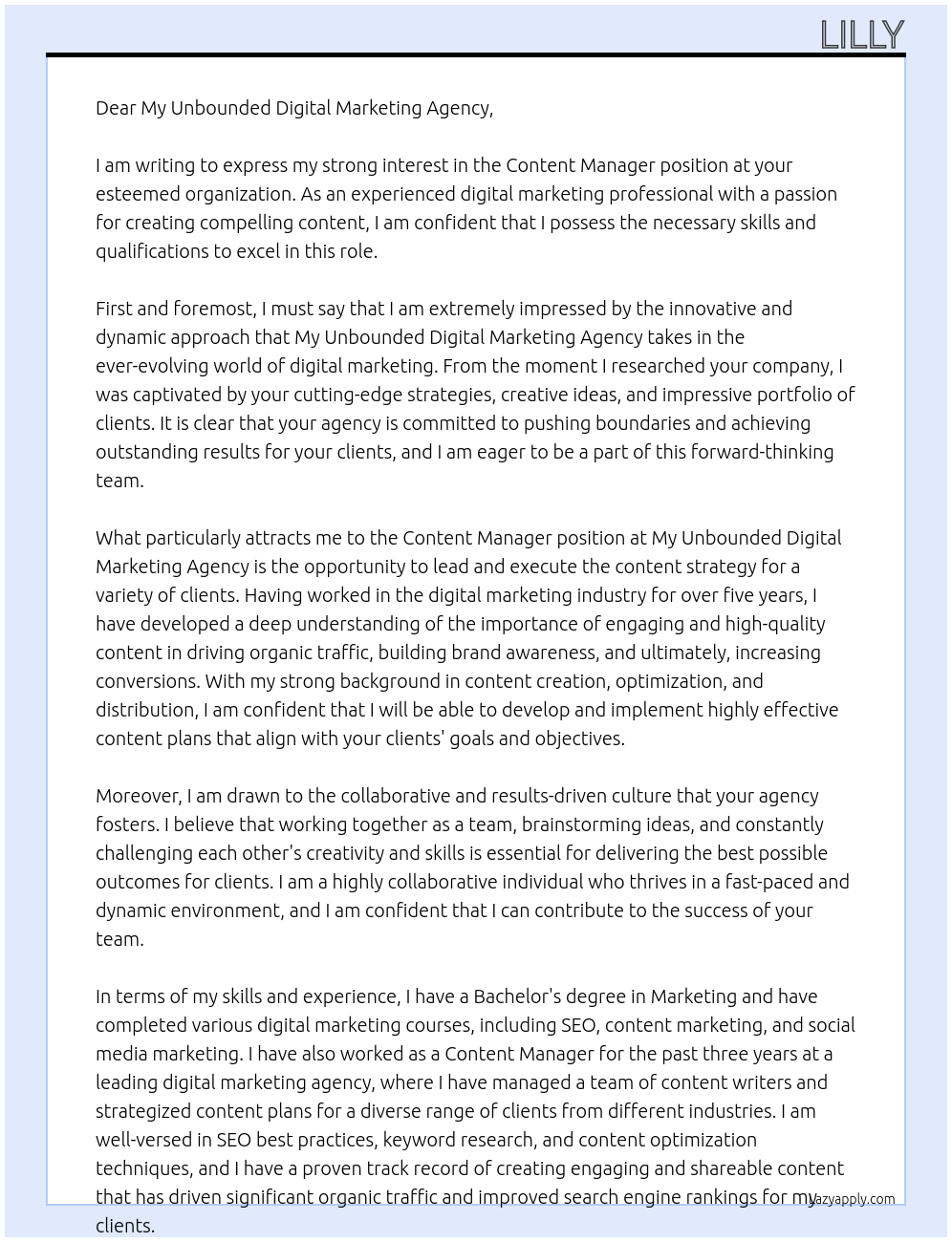 Content Manager At My Unbounded Digital Marketing Agency Cover Letter