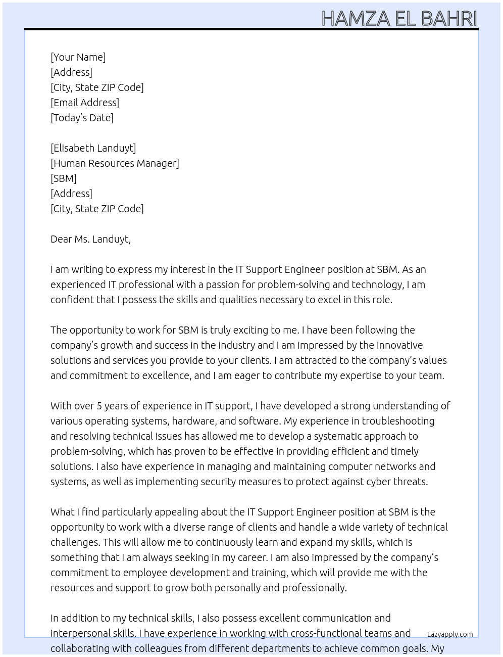 It Support engineer At SBM Cover Letter