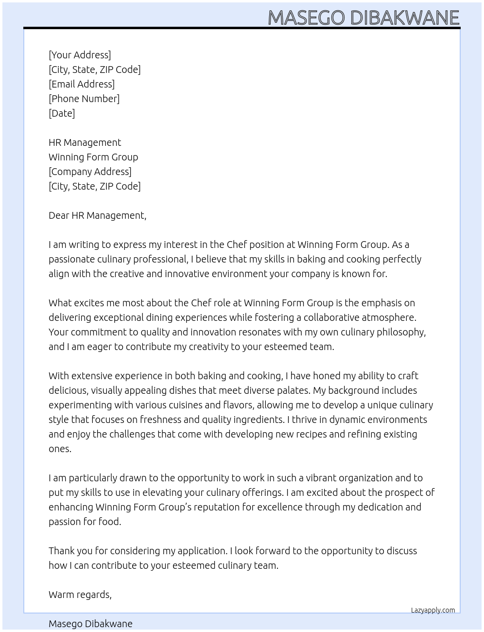 Cover letter for chef - LazyApply