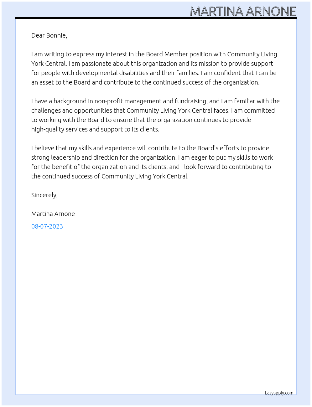 Board Member At Community Living York Central Cover Letter