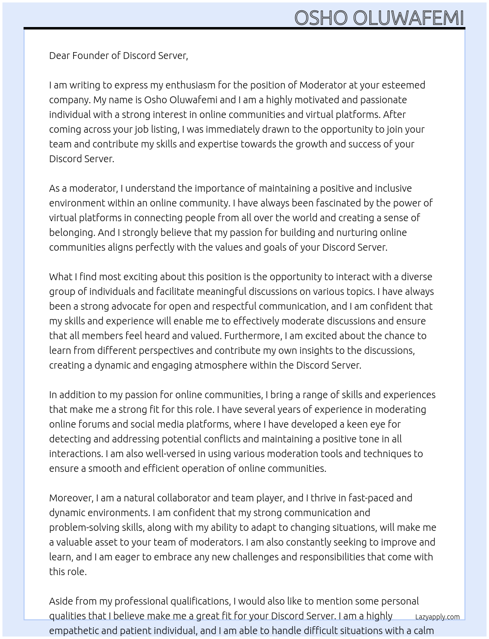 moderator At Discord Server Cover Letter