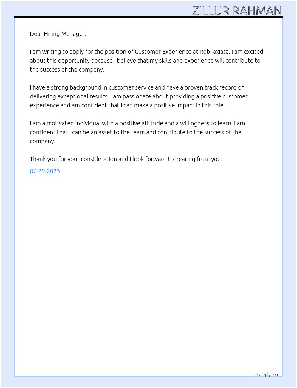Customer Experience At Robi axiata Cover Letter