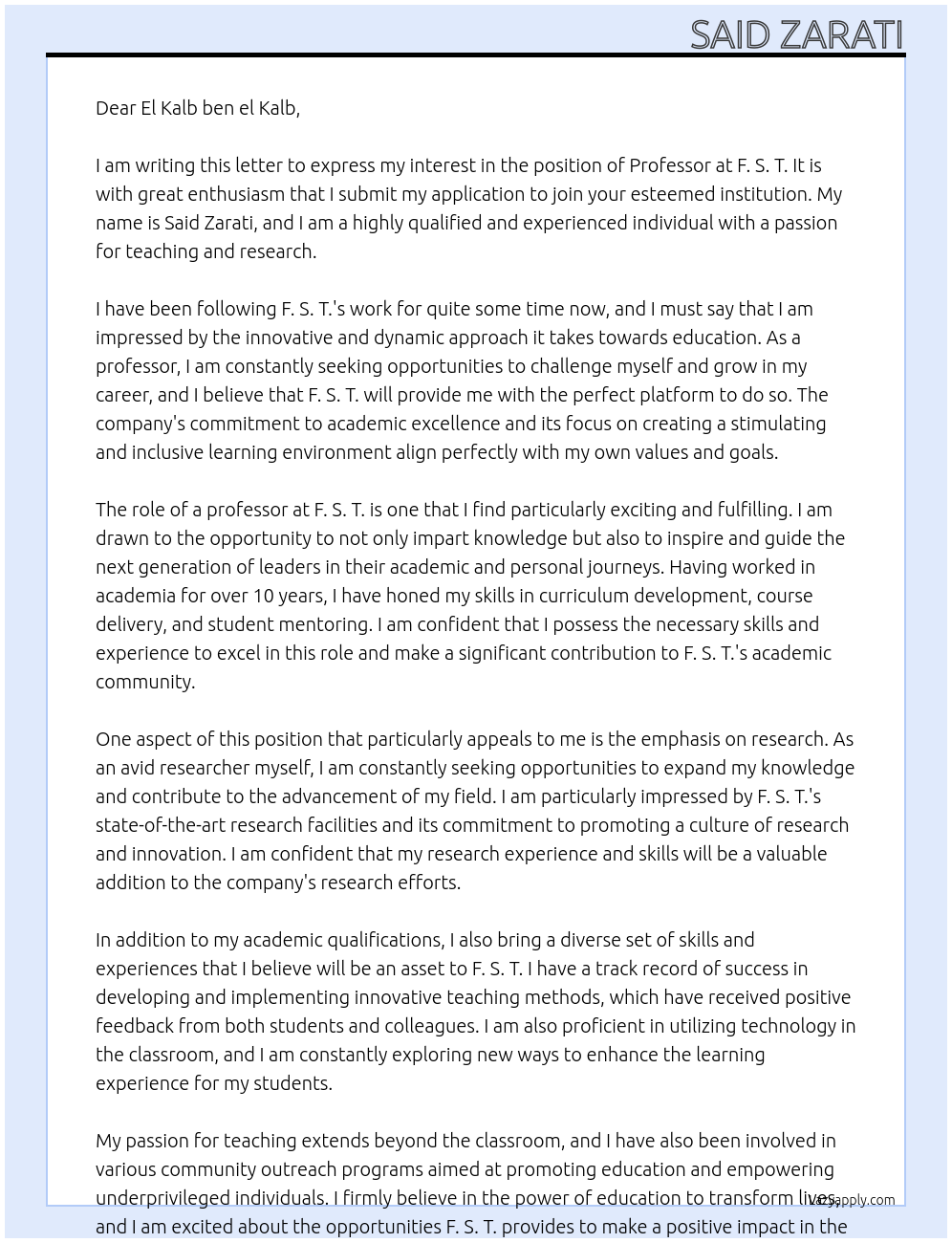 professor At F. S. T. Cover Letter