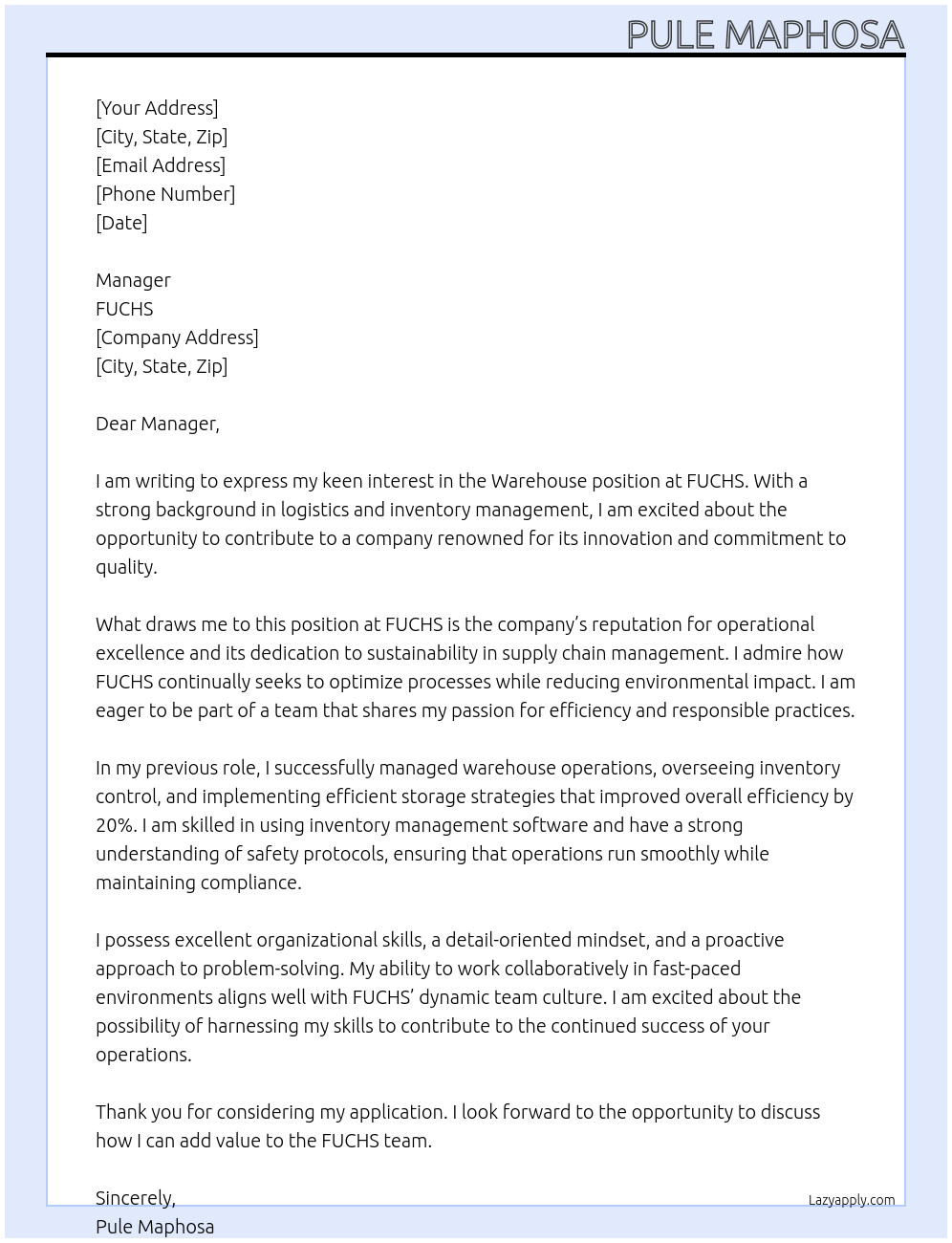 Warehouse At FUCHS Cover Letter