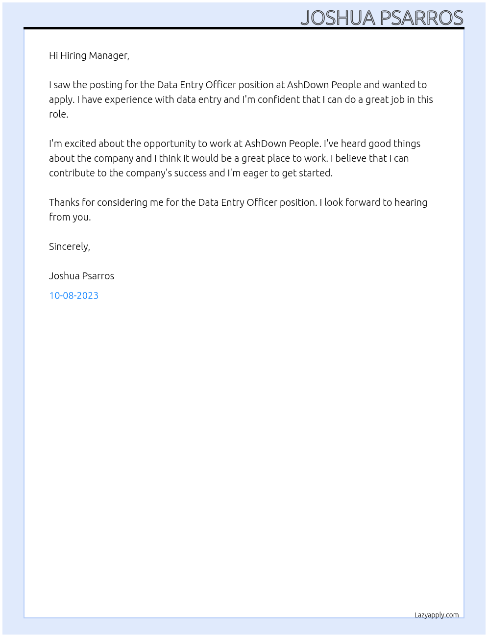 Data Entry Officer At AshDown People Cover Letter