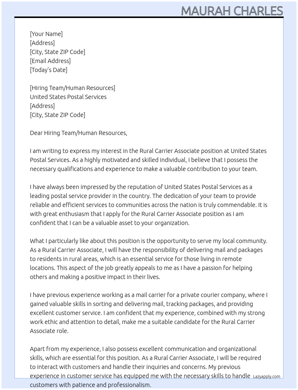 Rural Carrier Associate At United States Postal Services Cover Letter