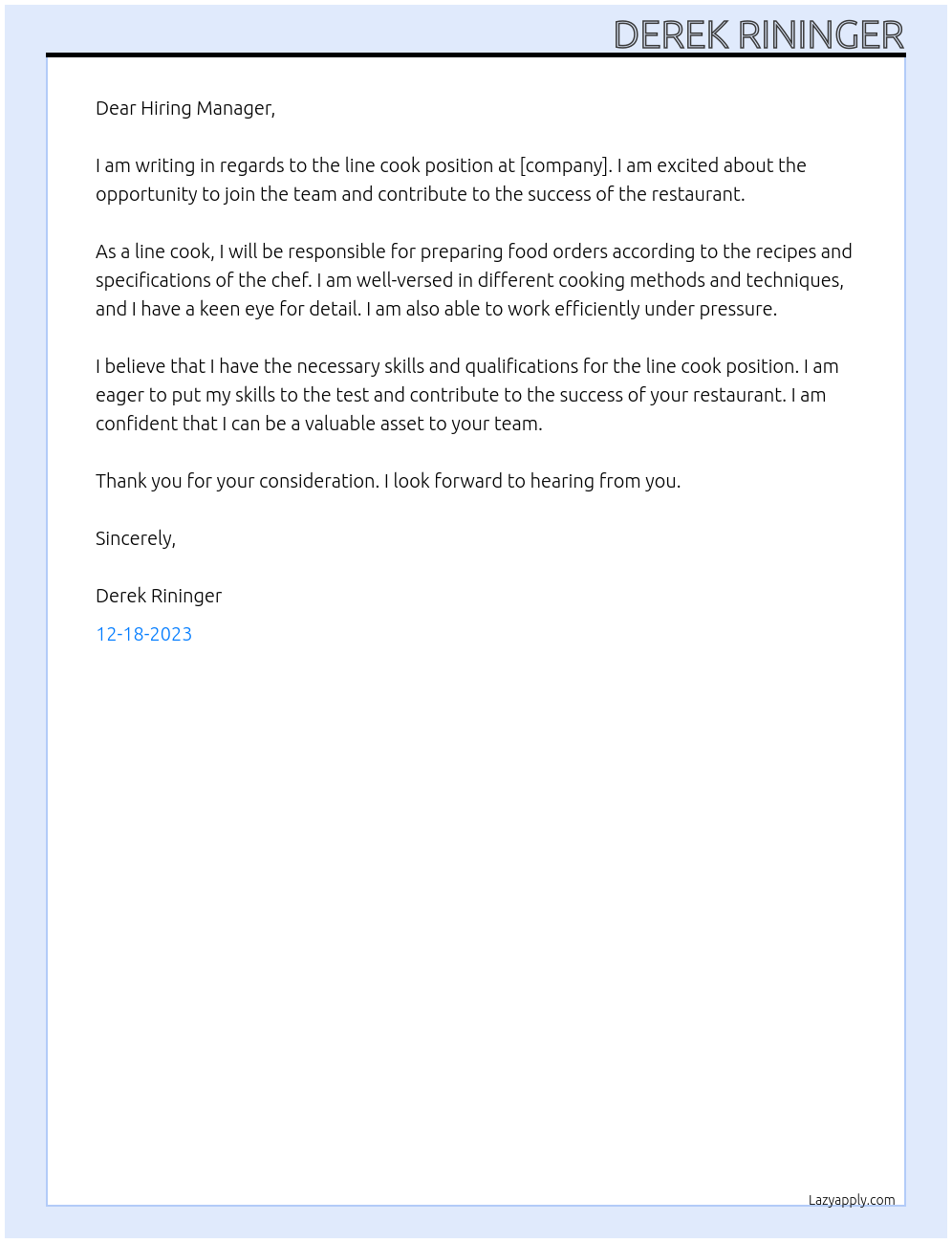 Line cook At [company] Cover Letter