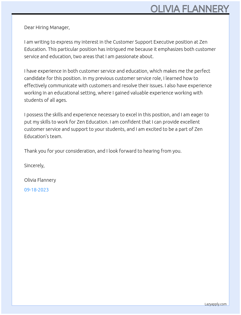customer support executive At Zen Education Cover Letter
