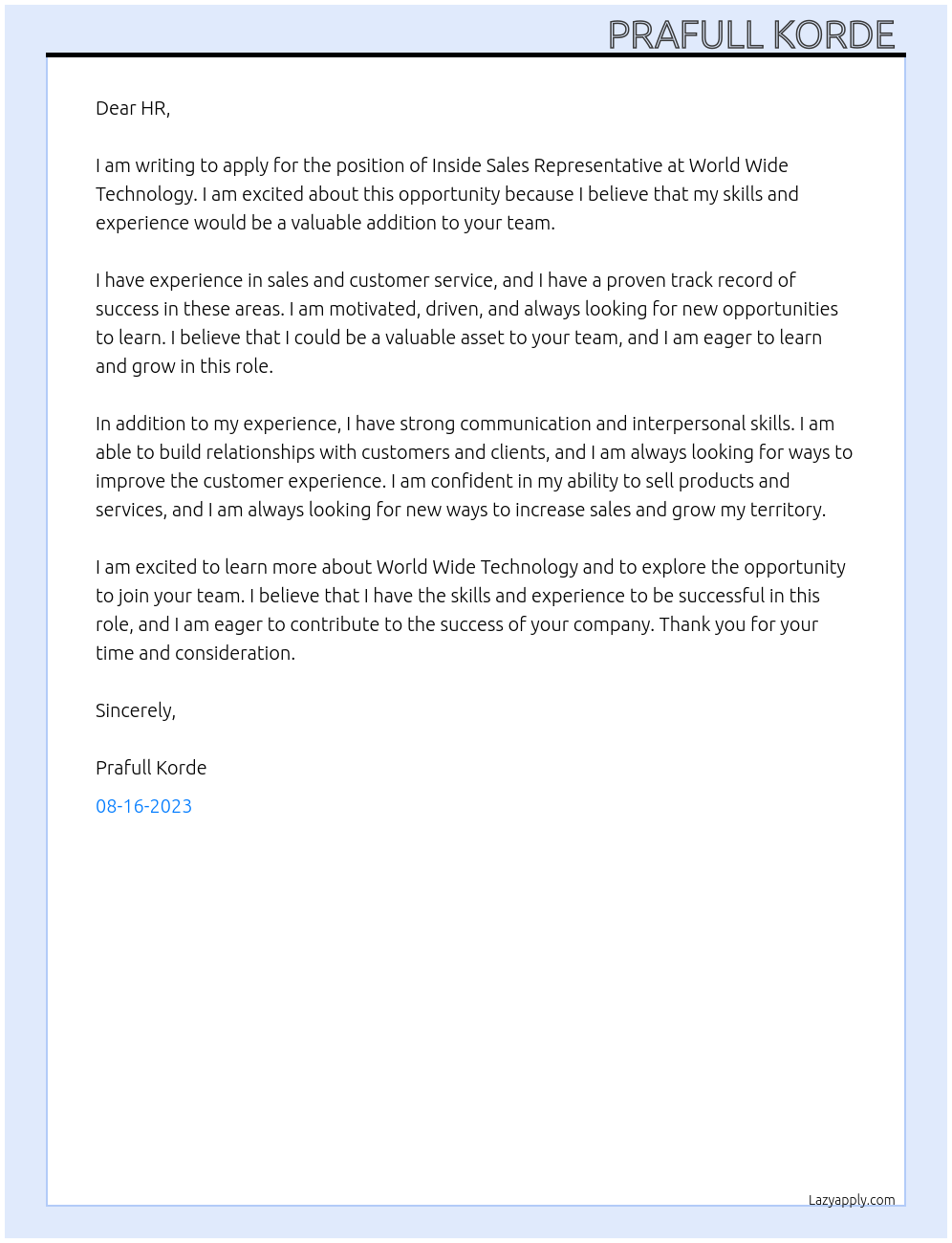  Inside Sales Representative At World Wide Technology  Cover Letter