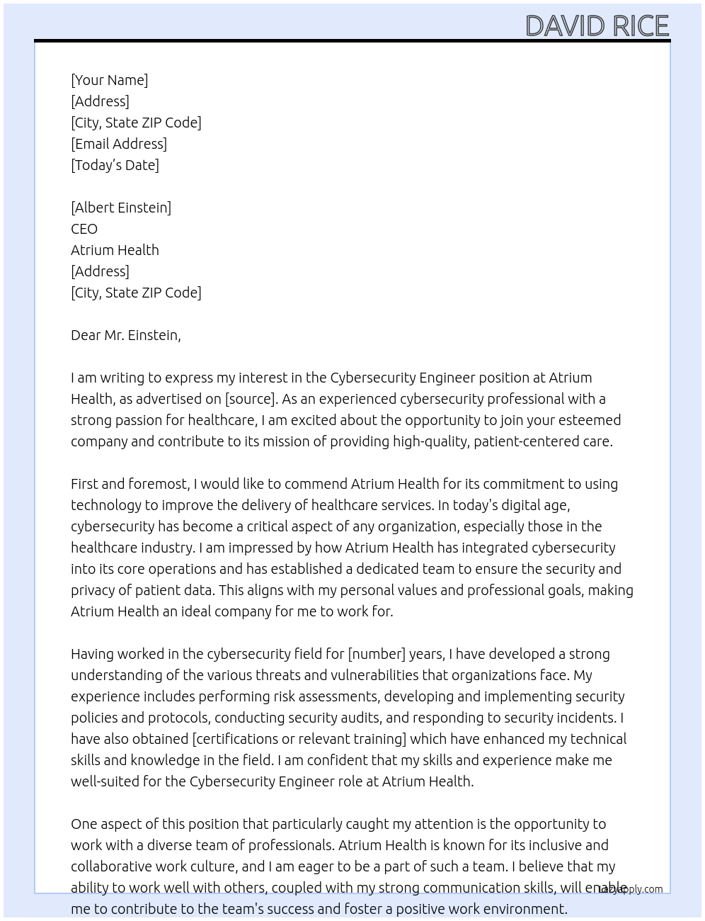 Cybersecurity Engineer At Atrium Health Cover Letter