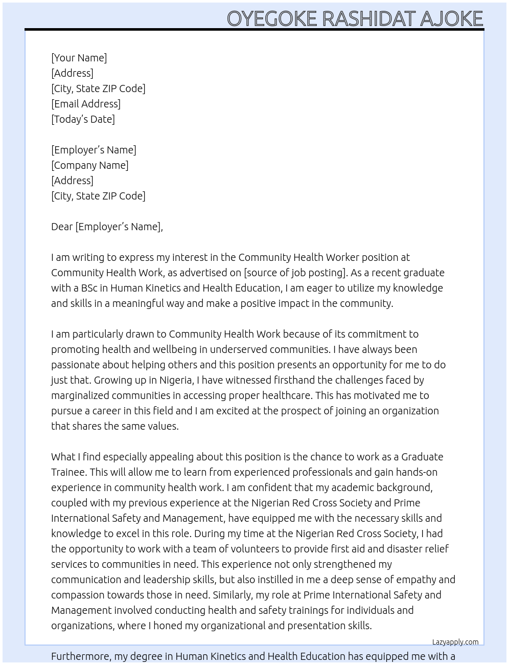 Community health worker At Community health work Cover Letter