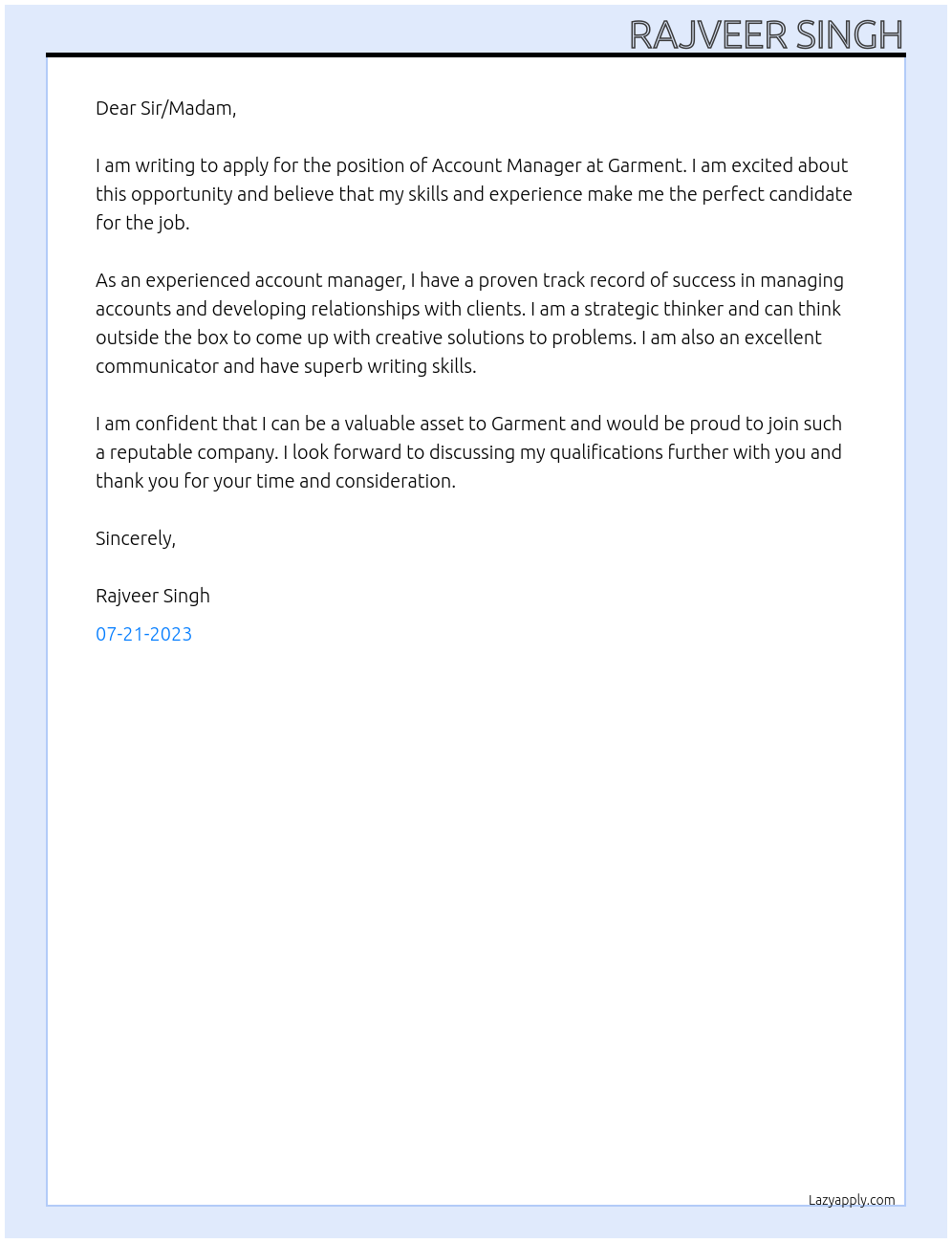 Account Manger At Garment  Cover Letter