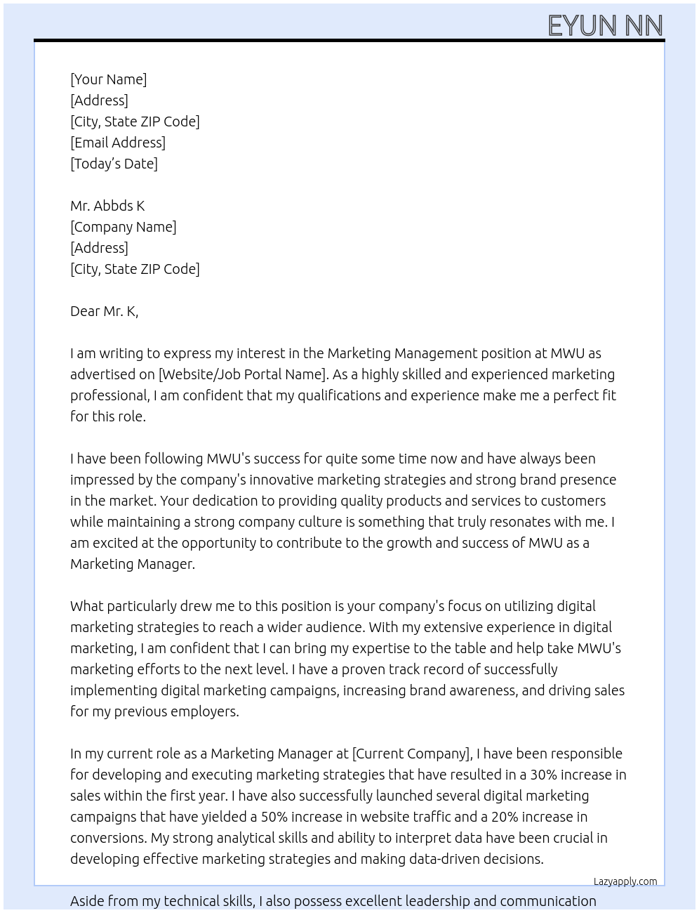 Marketing Management  At MWU Cover Letter