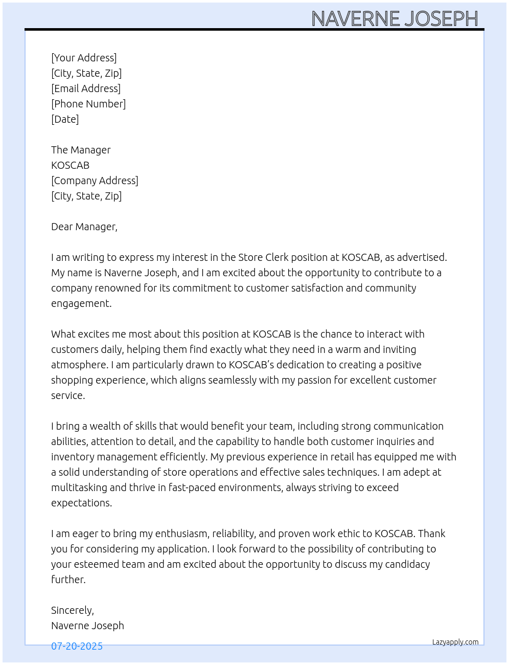 Cover letter for store clerk - LazyApply